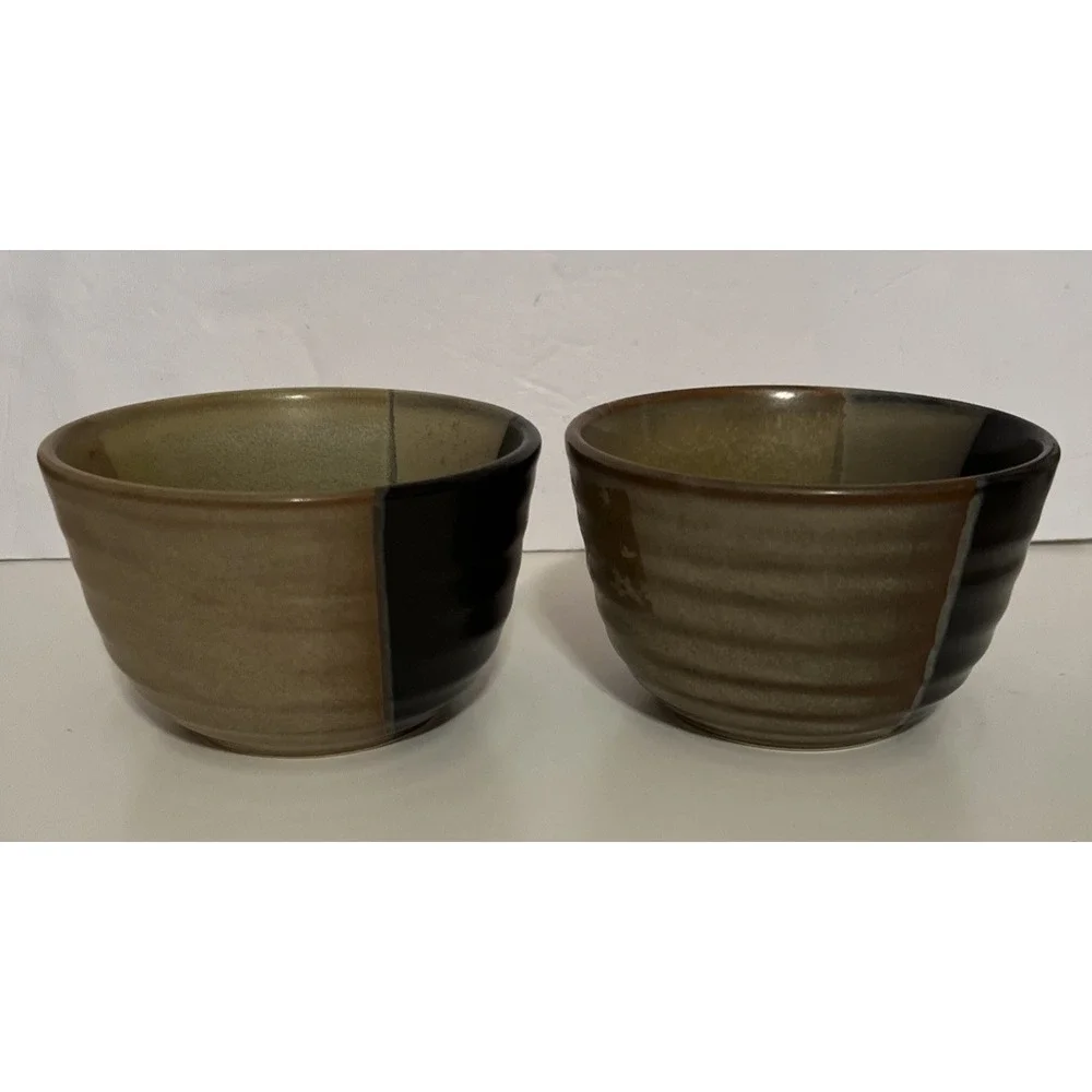 Set of 2 Sango 5022 Gold Dust Black Stoneware Ice Cream Bowls 5